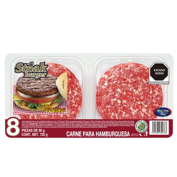 AB Steak Burger con Tocino en Charola de 8pzs 90g c/u 720g American Beef